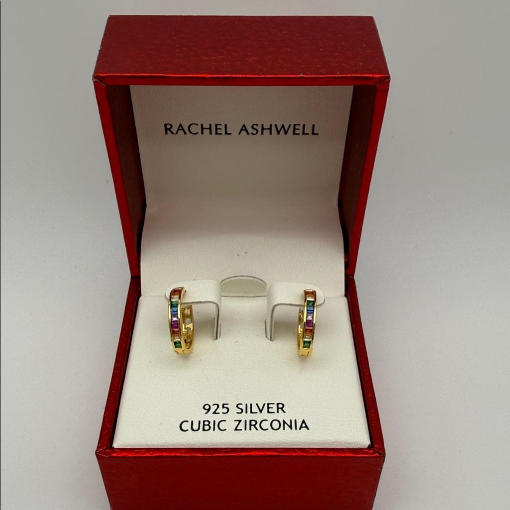 Rachel Ashwell 925 Gold Tone Rainbow Cubic Zirconia Earrings Gift Box